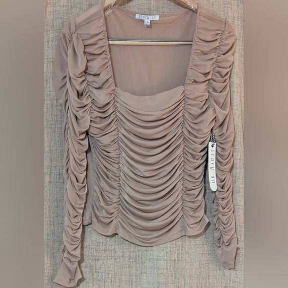 NWT Anthropologie Ruched Pink Beige Blouse Long Sleeves Women's Size Large - Picture 3 of 3